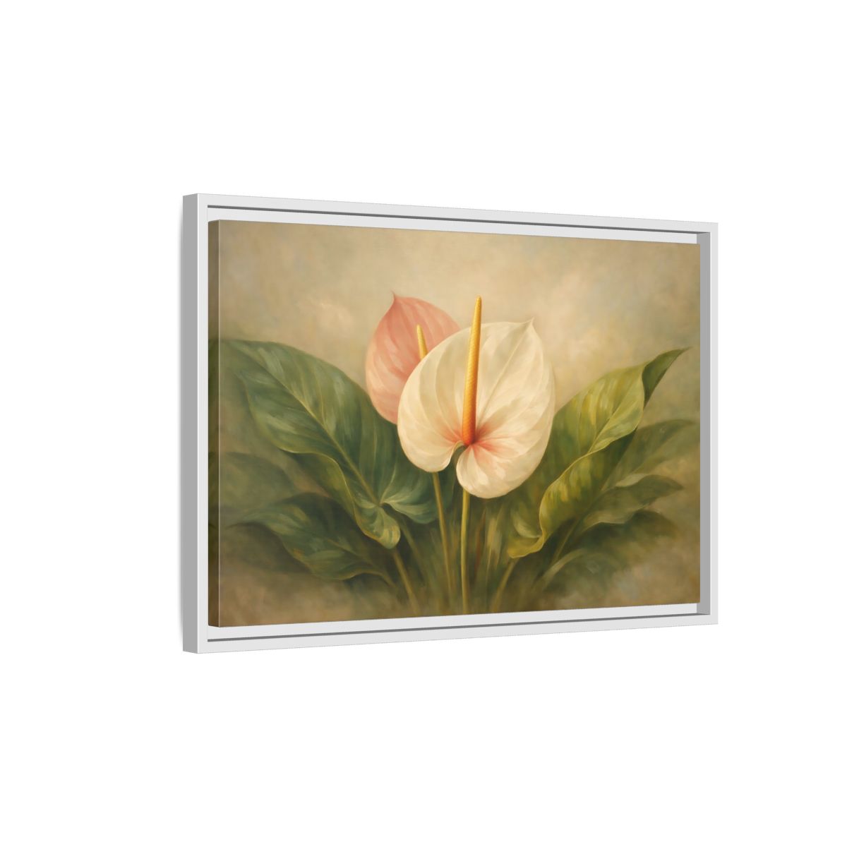 Side Mockup 1. Floral Anthurium Flowers Anthurium Pink Green shown as stretched canvas wall art