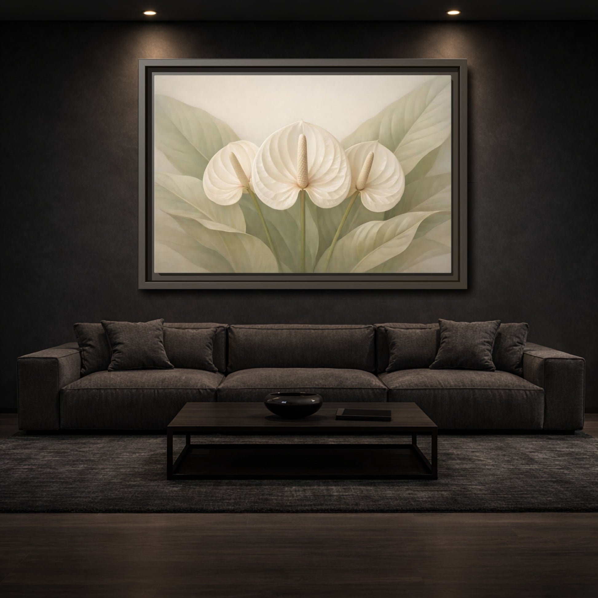 Mockup 2. Floral Anthurium Flowers White Anthurium shown as stretched canvas wall art
