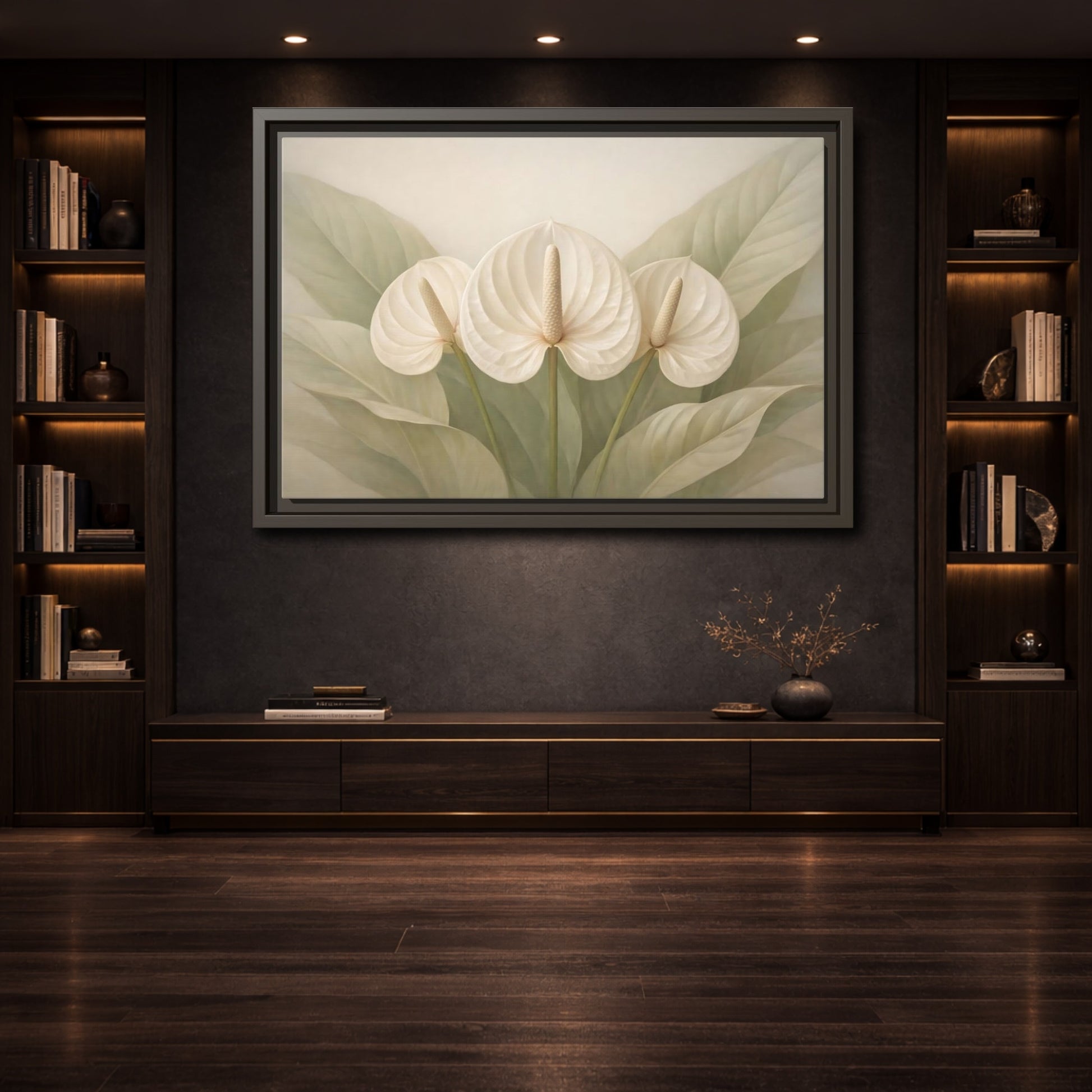 Mockup 3. Floral Anthurium Flowers White Anthurium shown as stretched canvas wall art