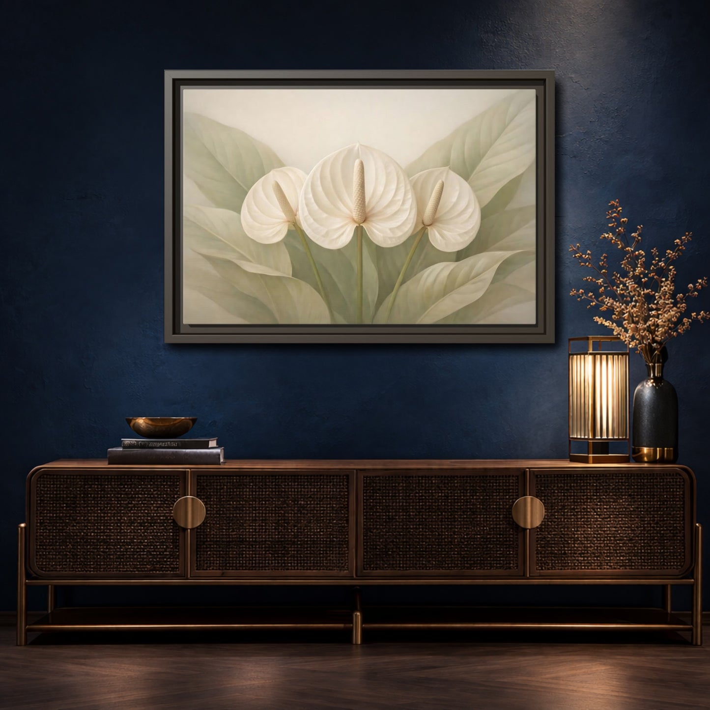 Mockup 4. Floral Anthurium Flowers White Anthurium shown as stretched canvas wall art
