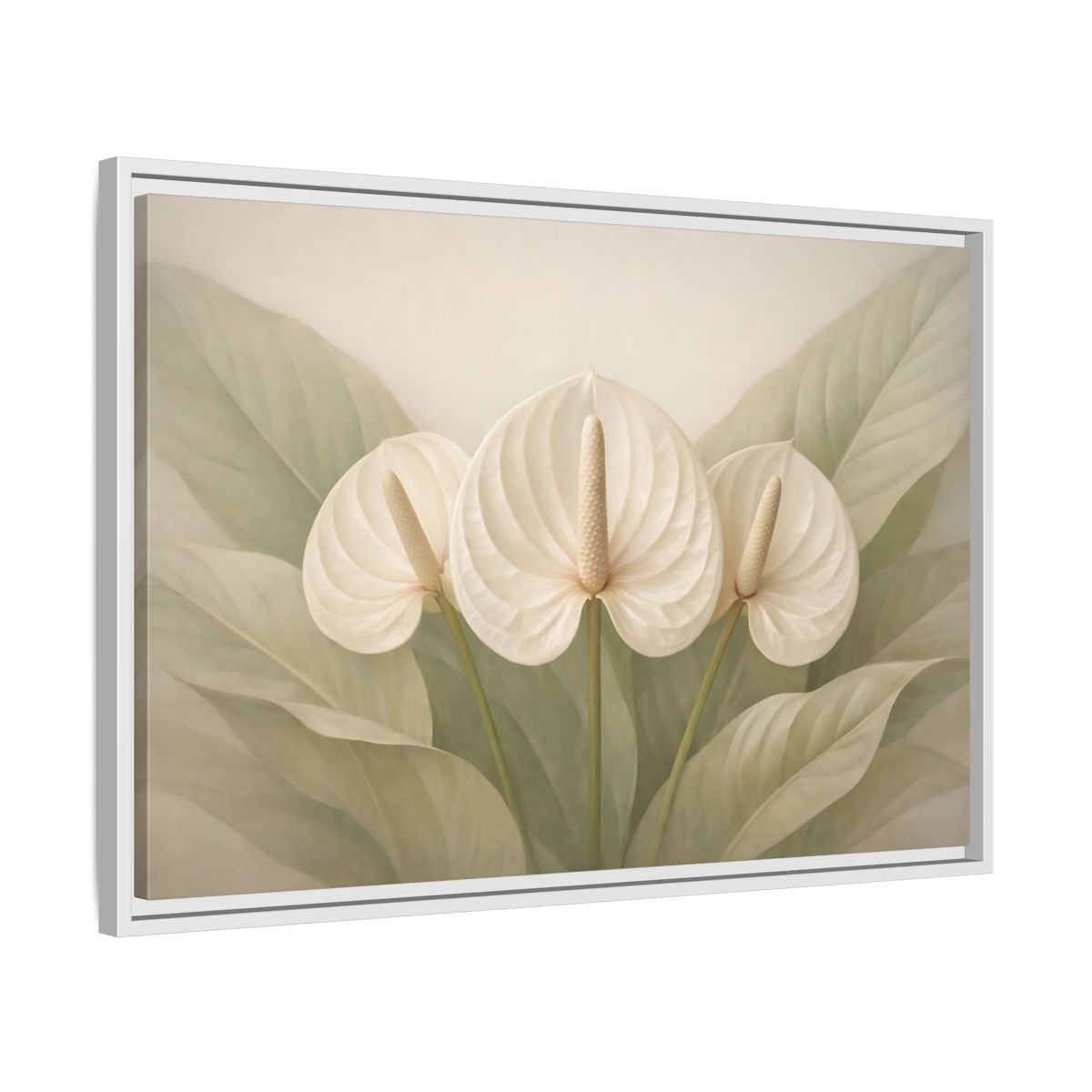 Side Mockup 10. Floral Anthurium Flowers White Anthurium shown as stretched canvas wall art