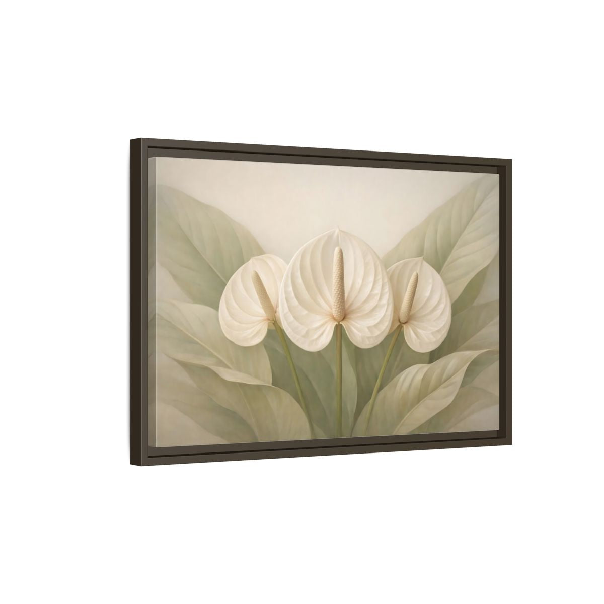 Side Mockup 2. Floral Anthurium Flowers White Anthurium shown as stretched canvas wall art