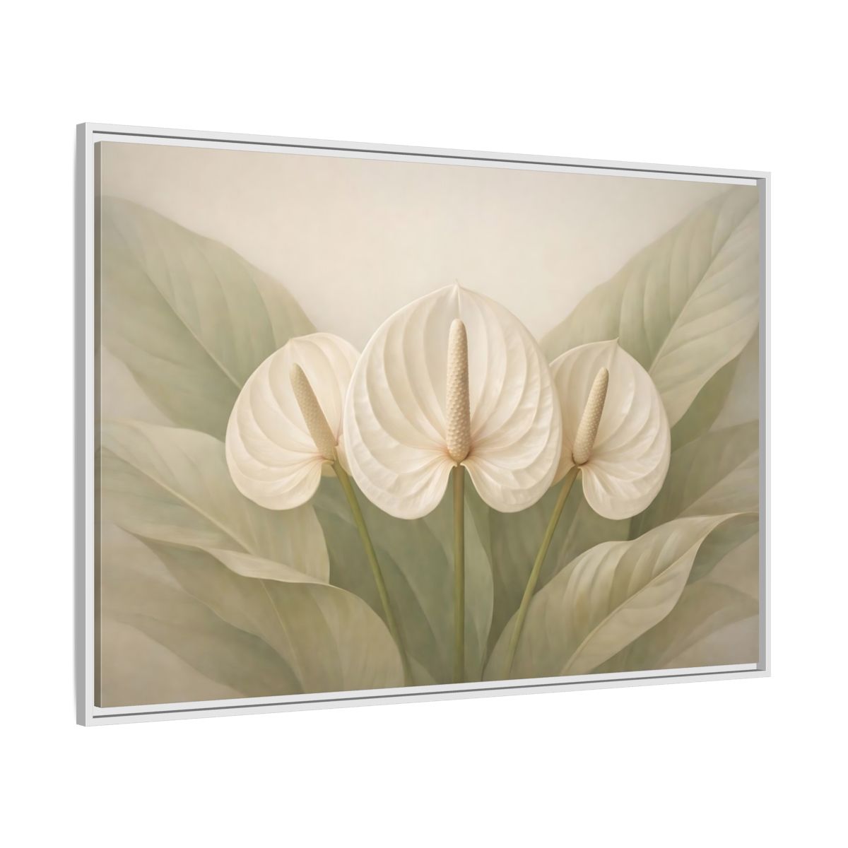 Side Mockup 7. Floral Anthurium Flowers White Anthurium shown as stretched canvas wall art