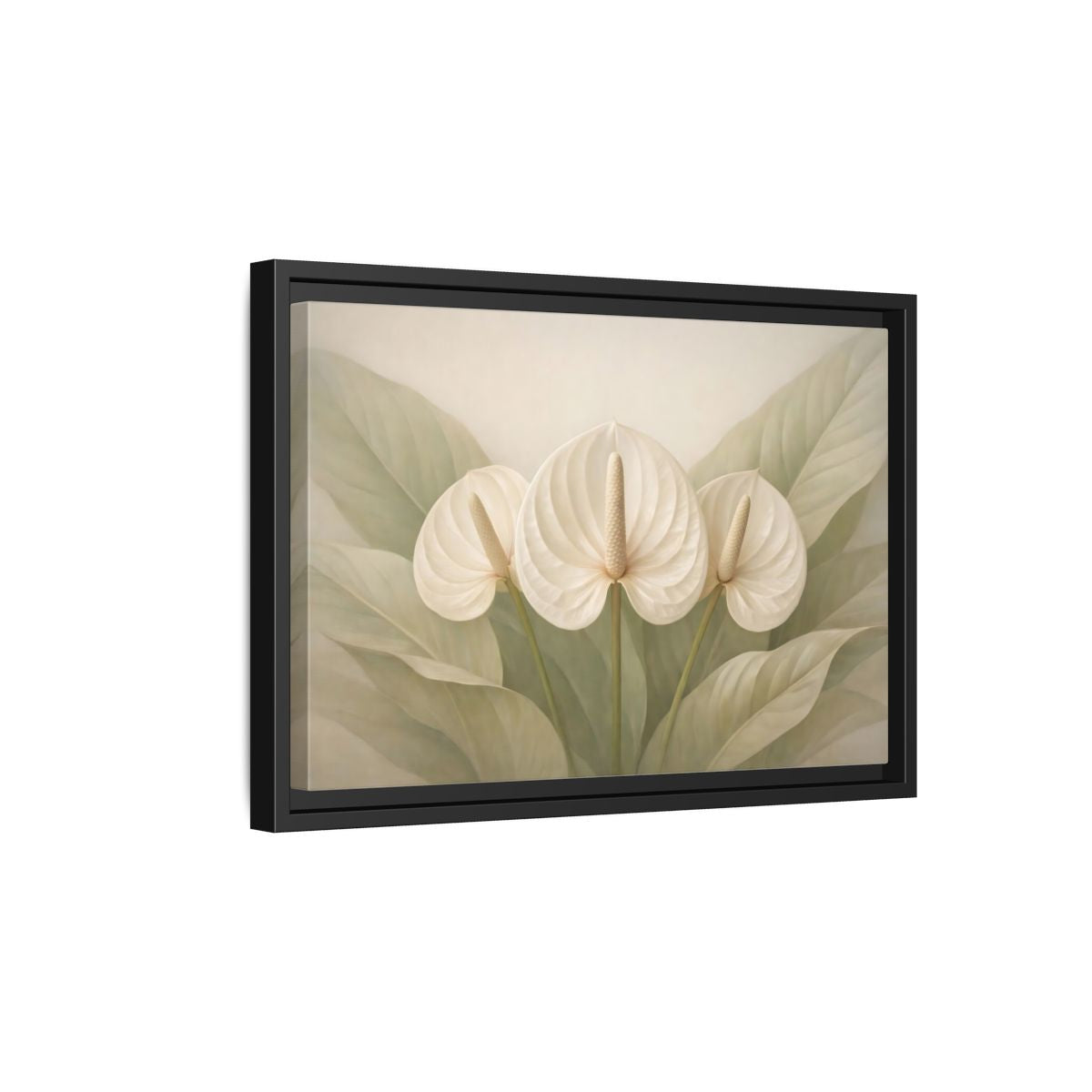Side Mockup 6. Floral Anthurium Flowers White Anthurium shown as stretched canvas wall art