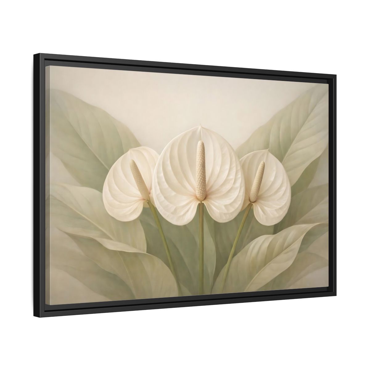 Side Mockup 14. Floral Anthurium Flowers White Anthurium shown as stretched canvas wall art