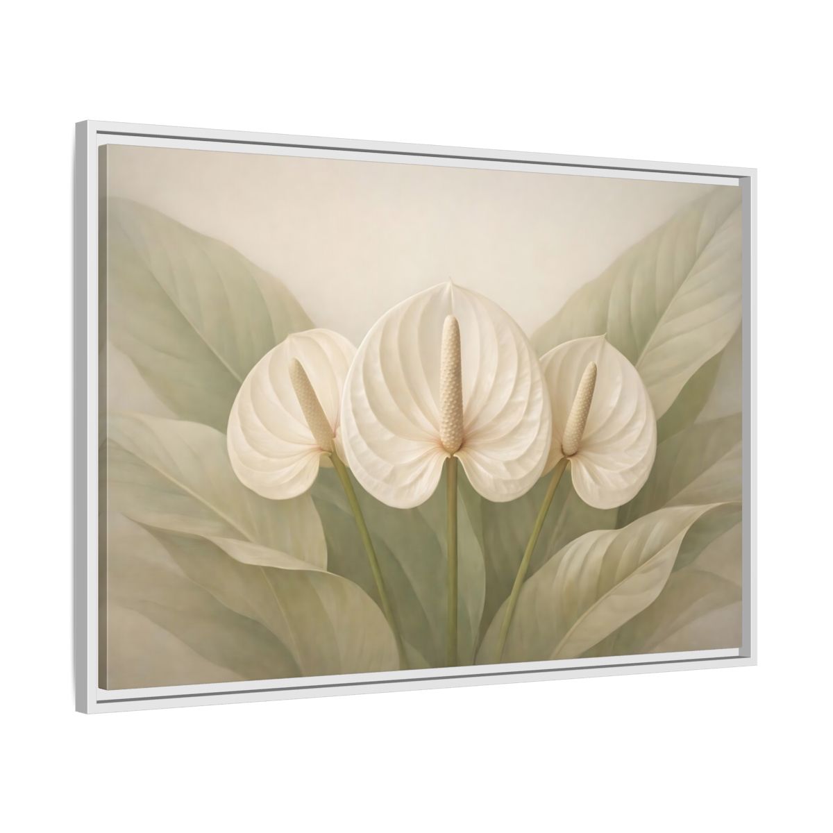 Side Mockup 8. Floral Anthurium Flowers White Anthurium shown as stretched canvas wall art