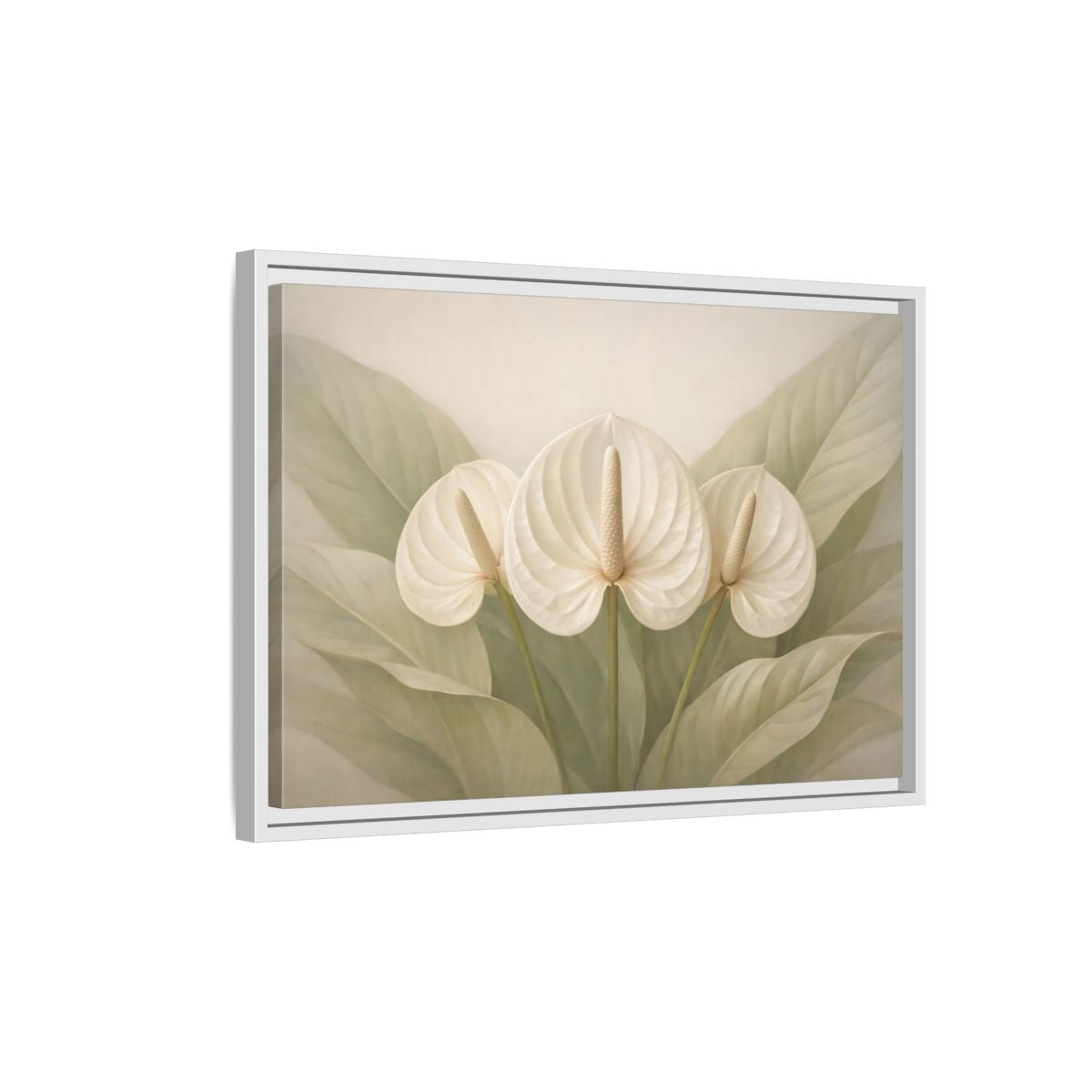 Side Mockup 1. Floral Anthurium Flowers White Anthurium shown as stretched canvas wall art