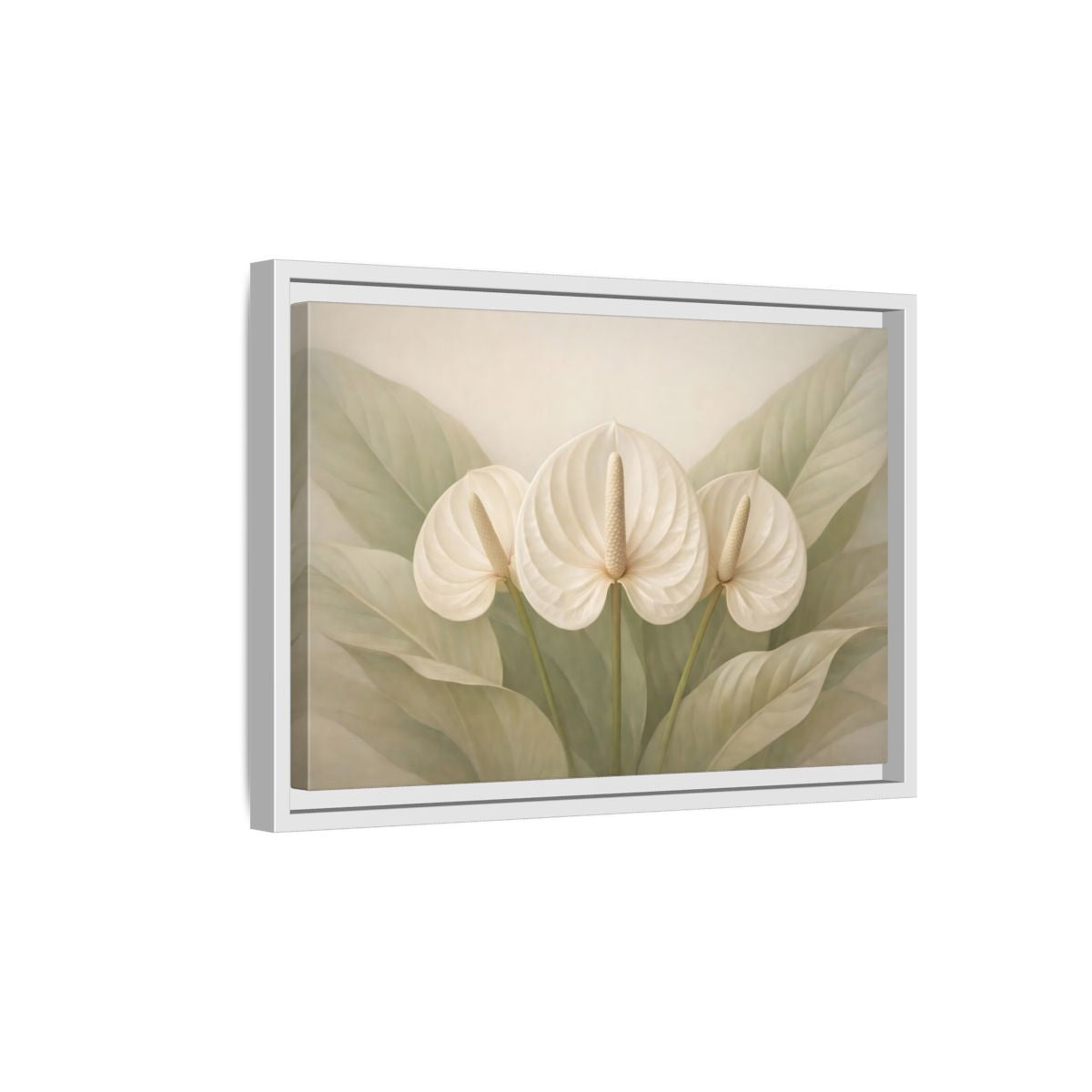 Side Mockup 4. Floral Anthurium Flowers White Anthurium shown as stretched canvas wall art