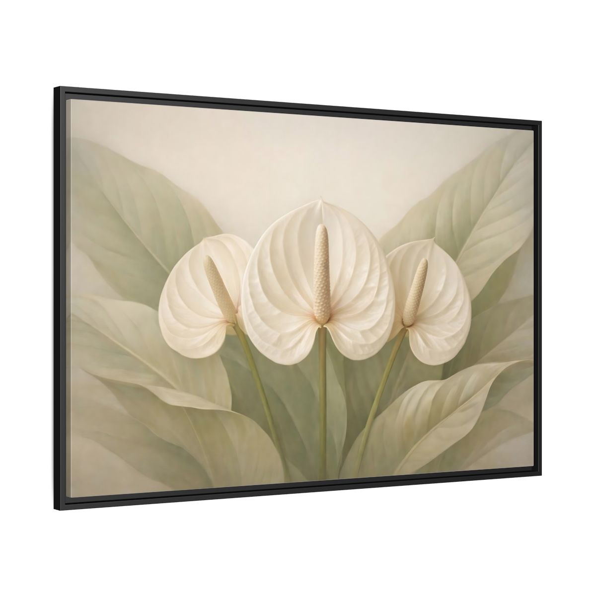 Side Mockup 12. Floral Anthurium Flowers White Anthurium shown as stretched canvas wall art