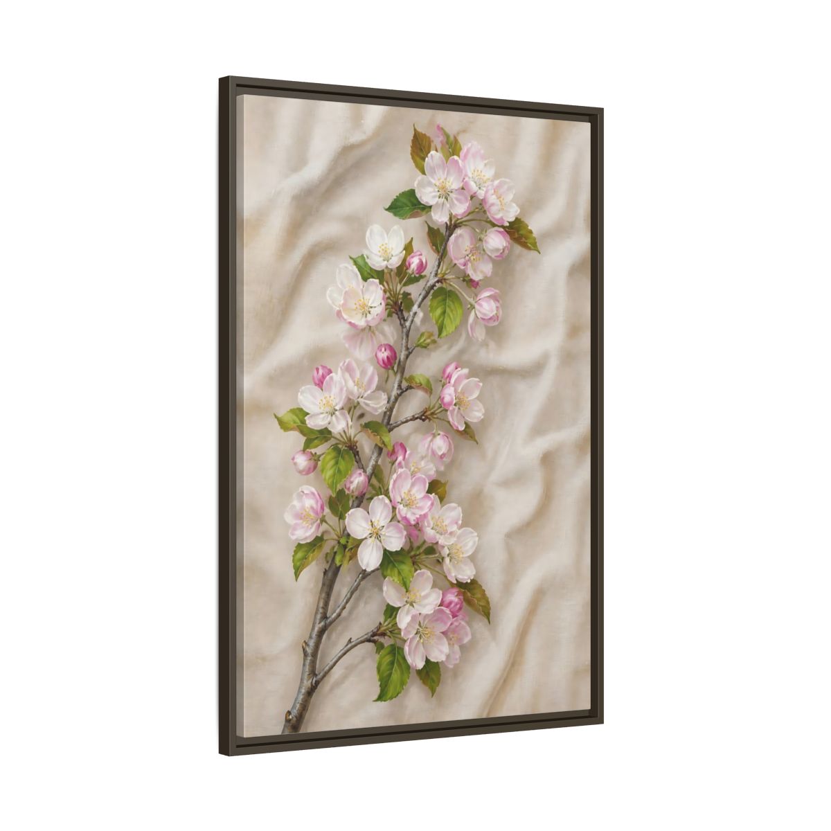 Main Mockup. Floral Apple Blossoms Pink And Beige Floral shown as framed canvas print