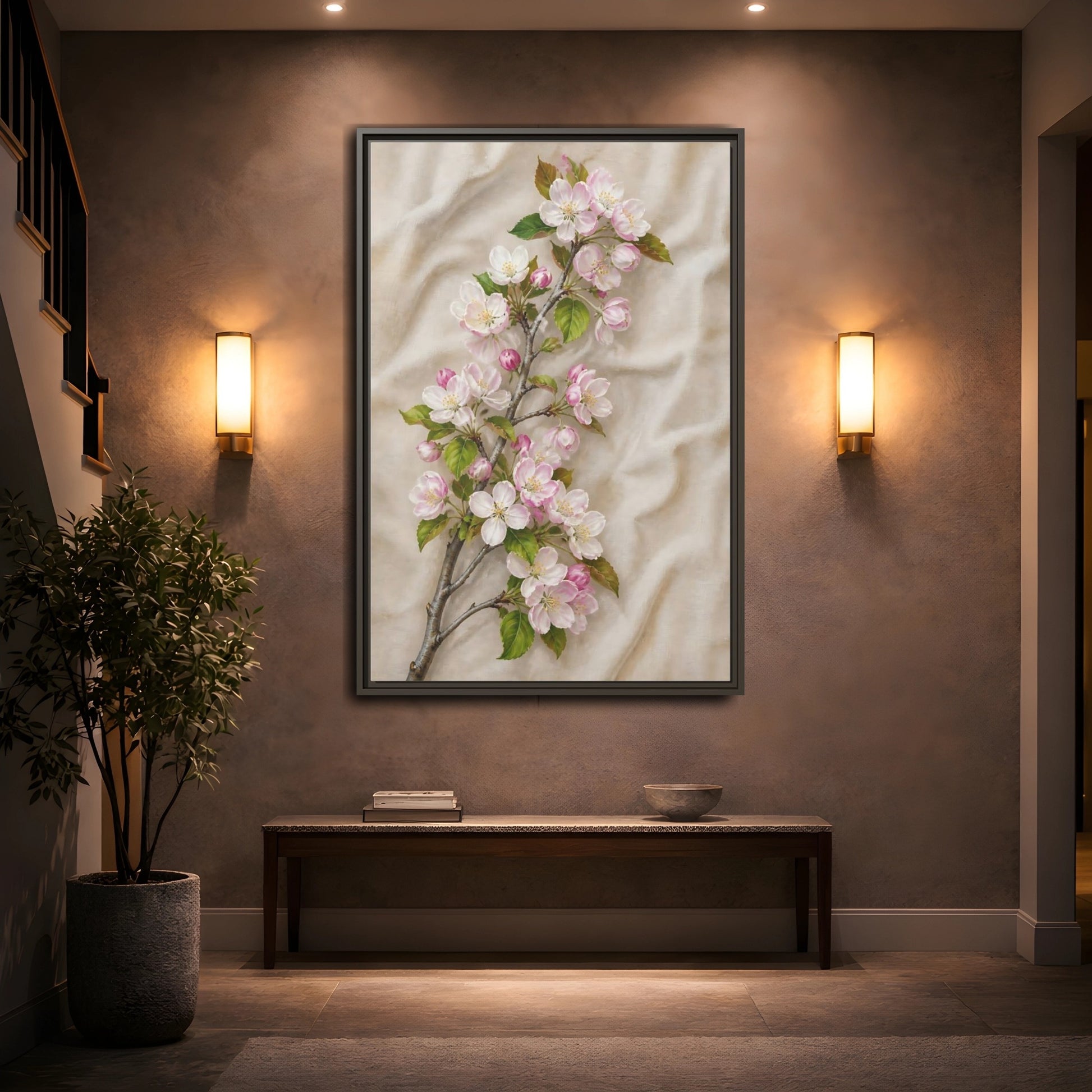Mockup 2. Floral Apple Blossoms Pink And Beige Floral shown as framed canvas print