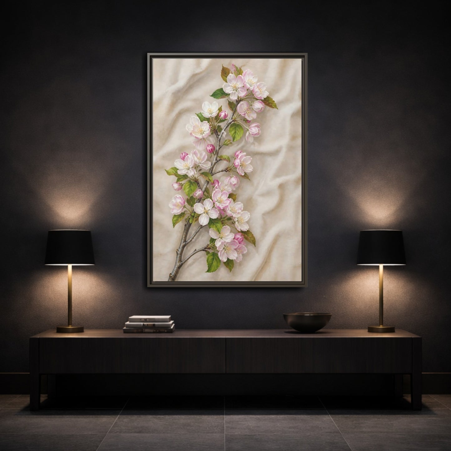 Mockup 3. Floral Apple Blossoms Pink And Beige Floral shown as framed canvas print