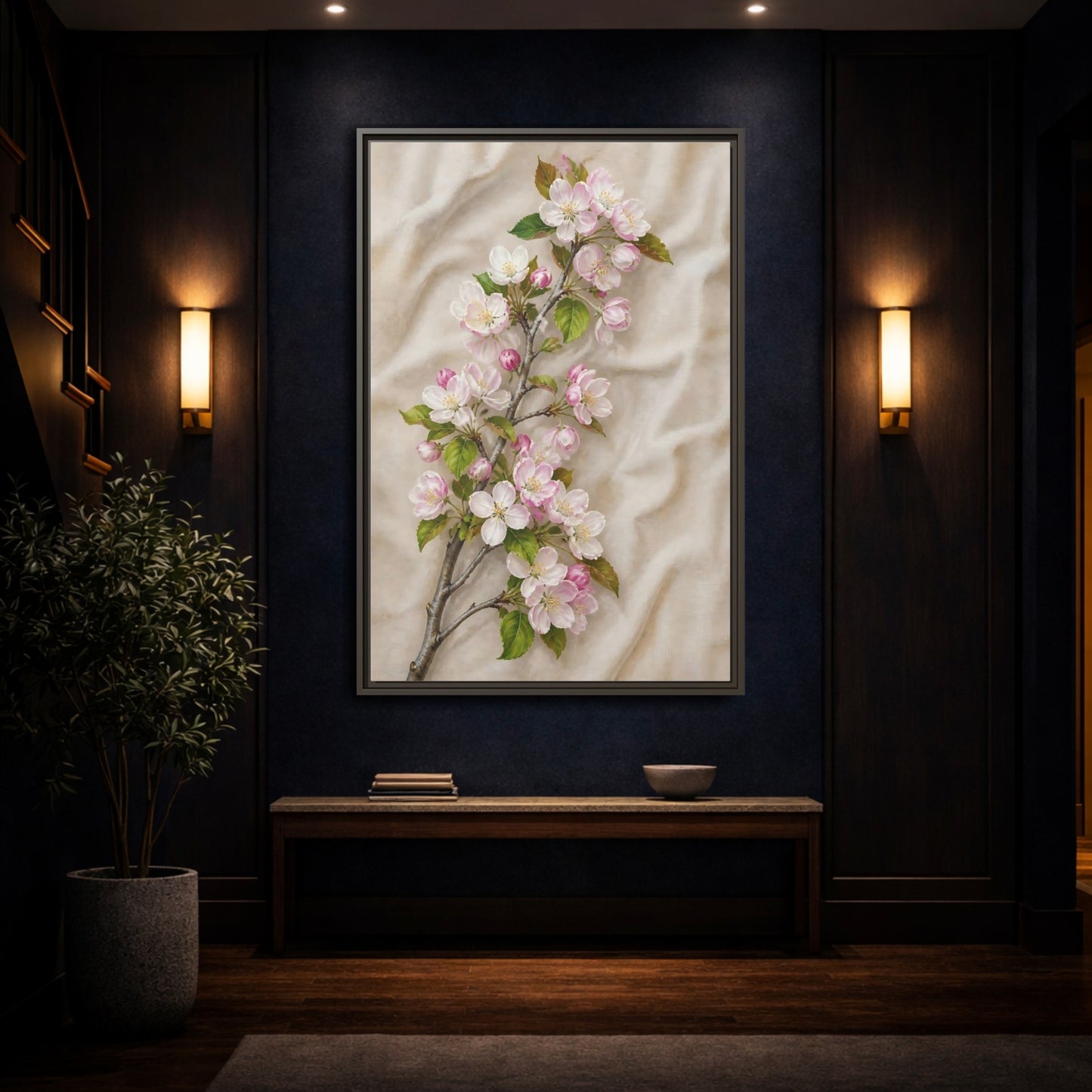 Mockup 4. Floral Apple Blossoms Pink And Beige Floral shown as framed canvas print