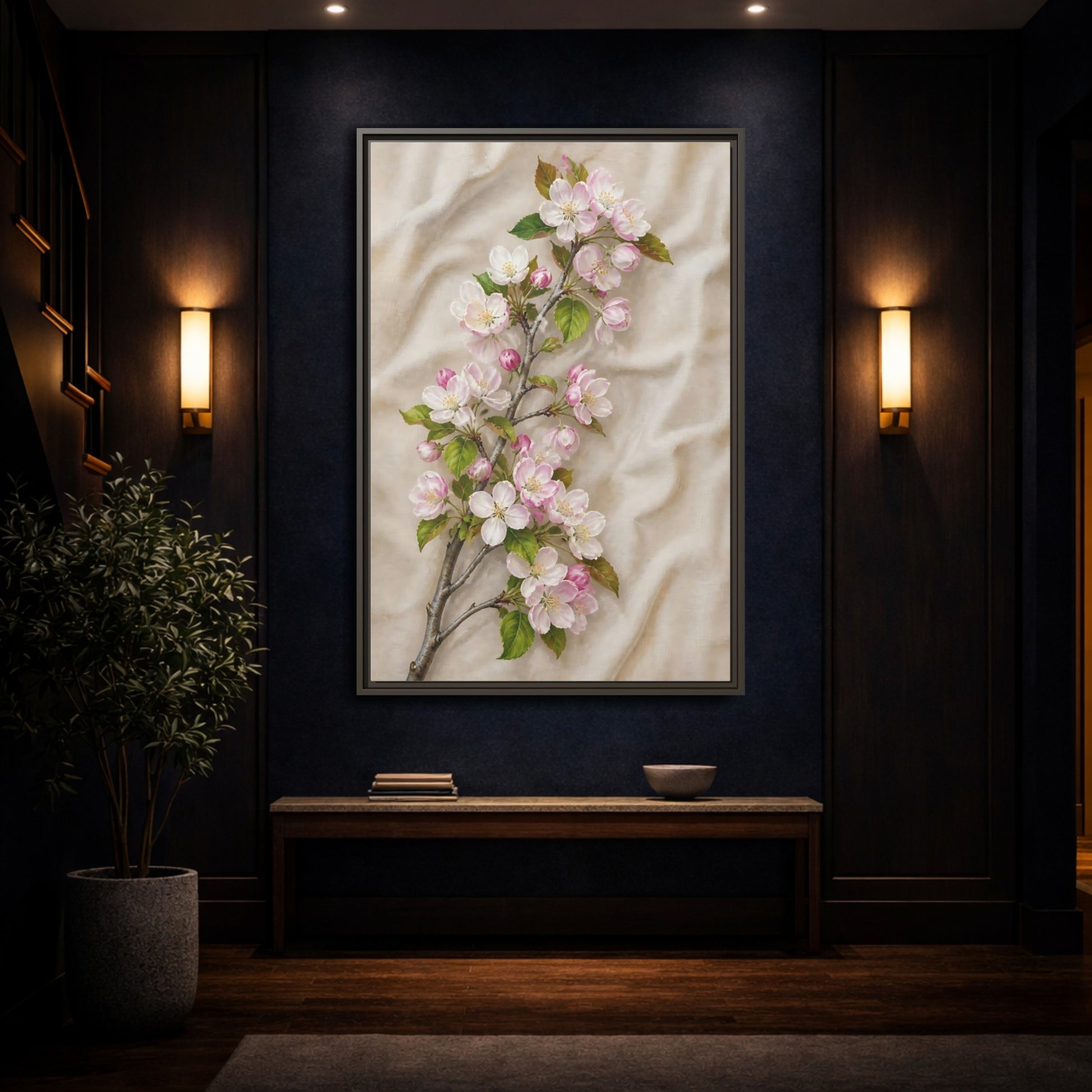 Mockup 4. Floral Apple Blossoms Pink And Beige Floral shown as framed canvas print