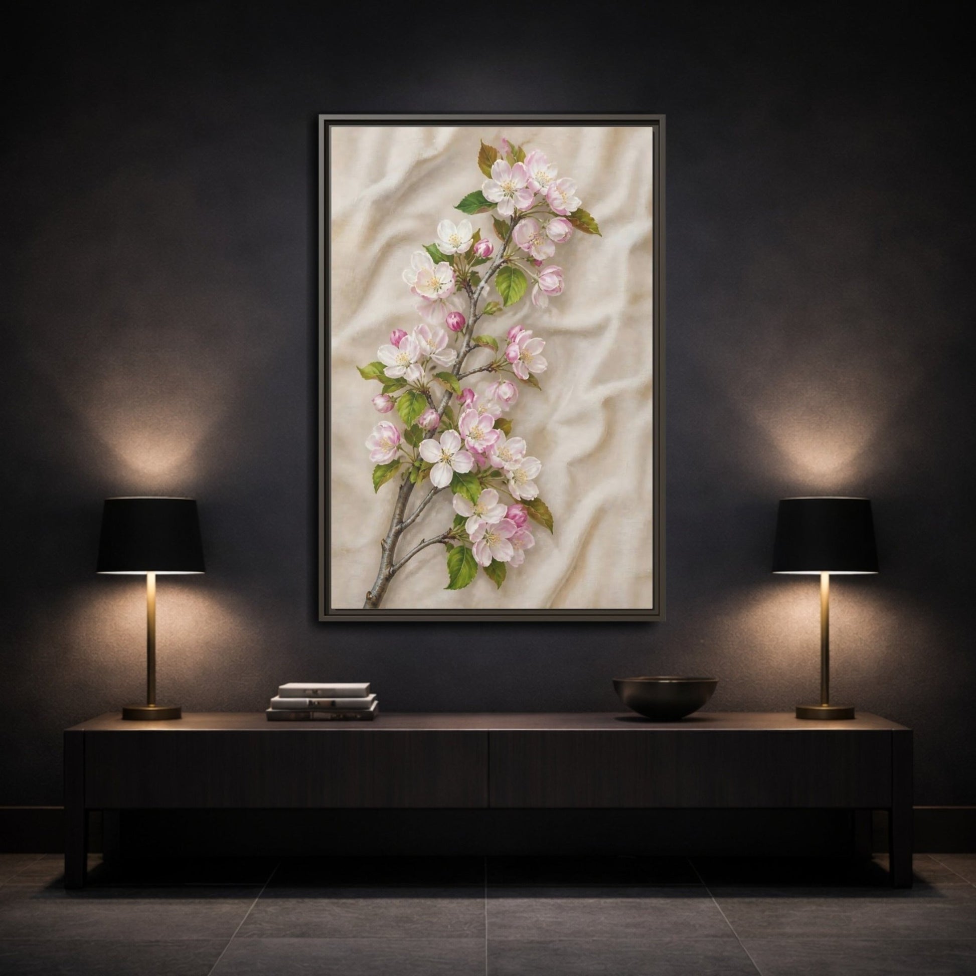 Floral Apple Blossoms Pink And Beige Framed Canvas Print – Botanical Bedroom, Wall - YesArtYes