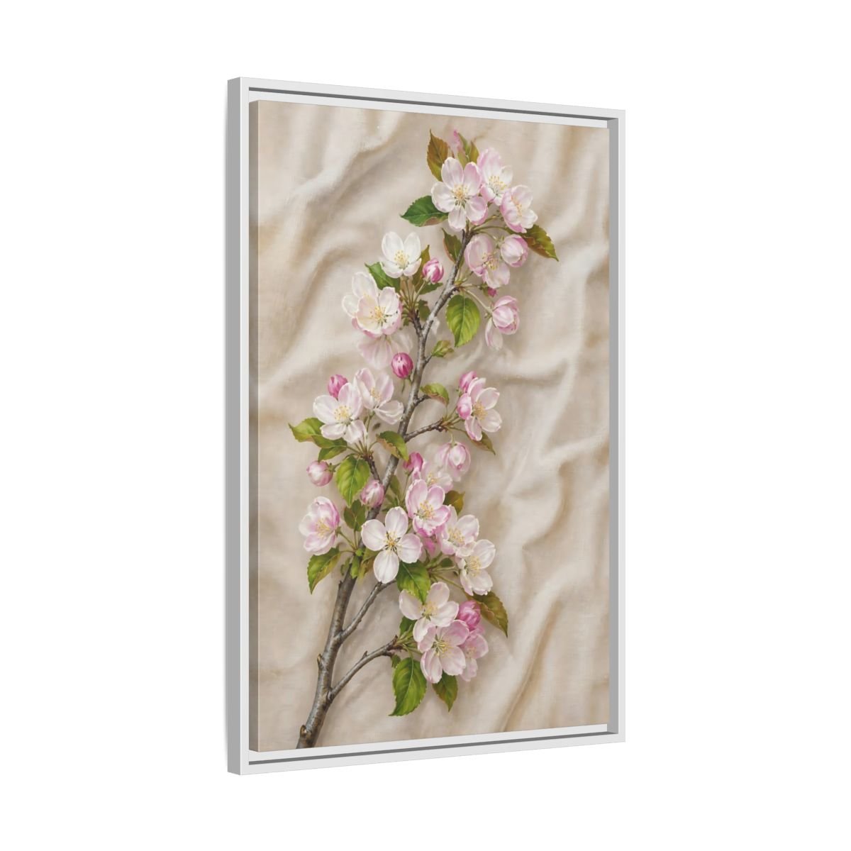 Floral Apple Blossoms Pink And Beige Framed Canvas Print – Botanical Bedroom, Wall - YesArtYes
