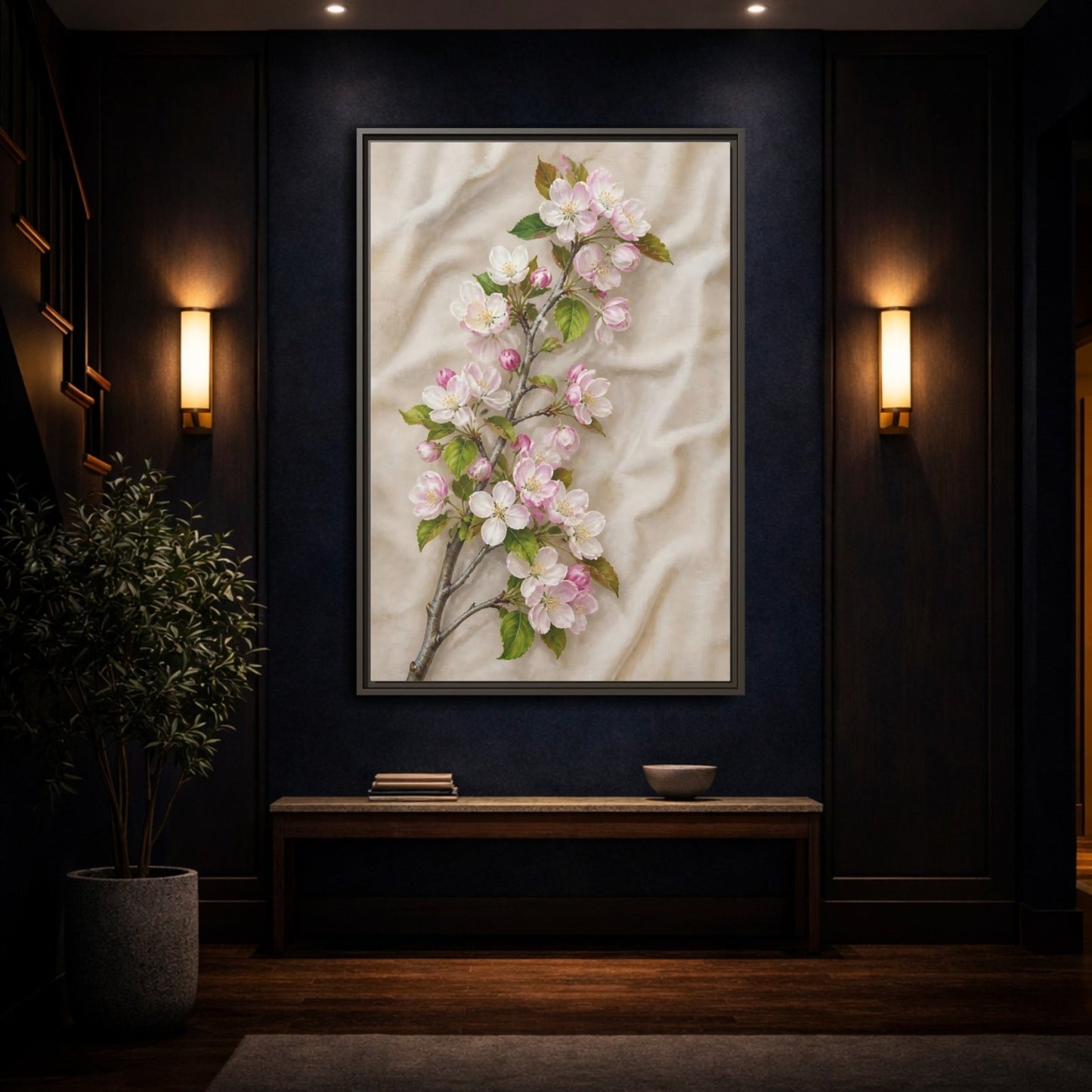 Floral Apple Blossoms Pink And Beige Framed Canvas Print – Botanical Bedroom, Wall - YesArtYes