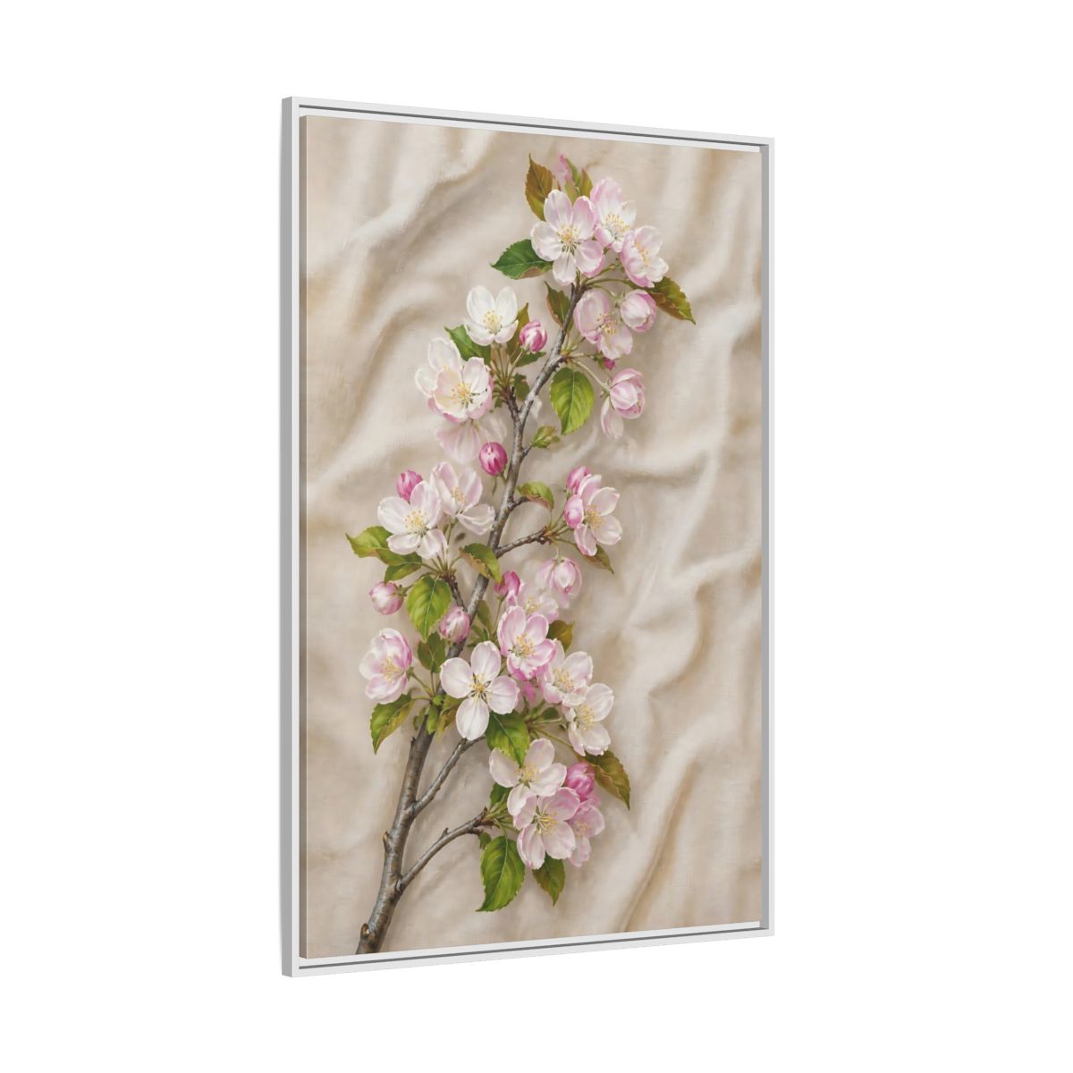 Side Mockup 7. Floral Apple Blossoms Pink And Beige Floral shown as framed canvas print