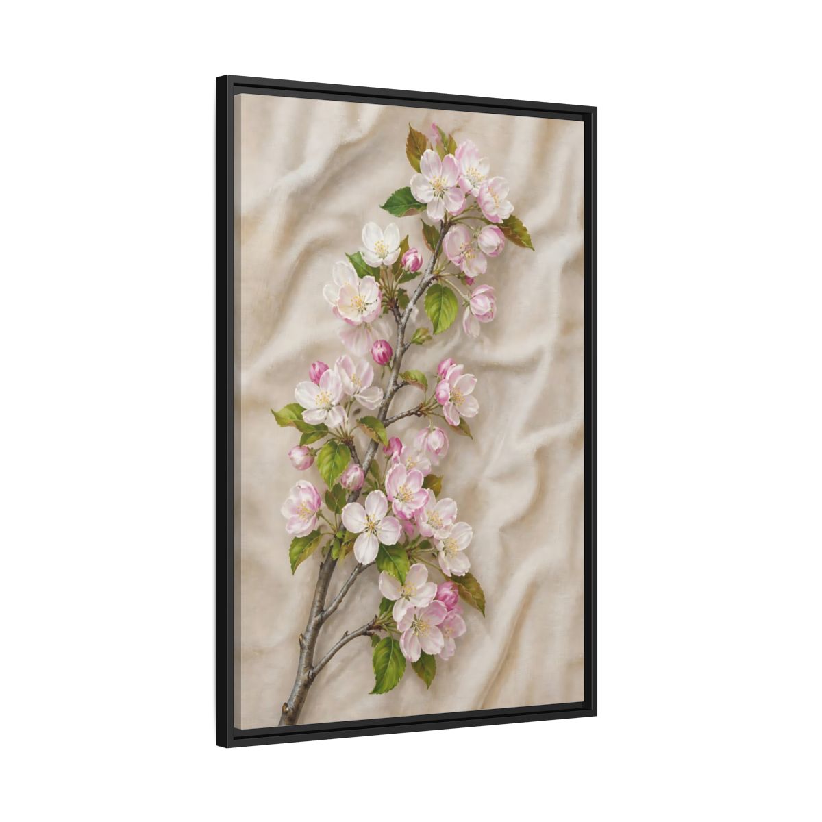 Side Mockup 13. Floral Apple Blossoms Pink And Beige Floral shown as framed canvas print