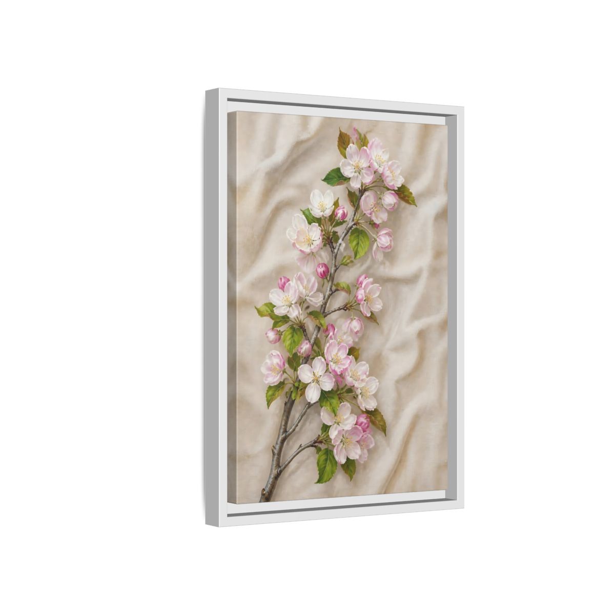 Side Mockup 4. Floral Apple Blossoms Pink And Beige Floral shown as framed canvas print