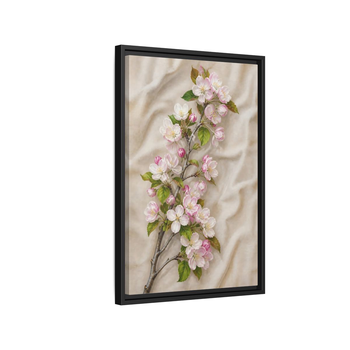 Side Mockup 3. Floral Apple Blossoms Pink And Beige Floral shown as framed canvas print