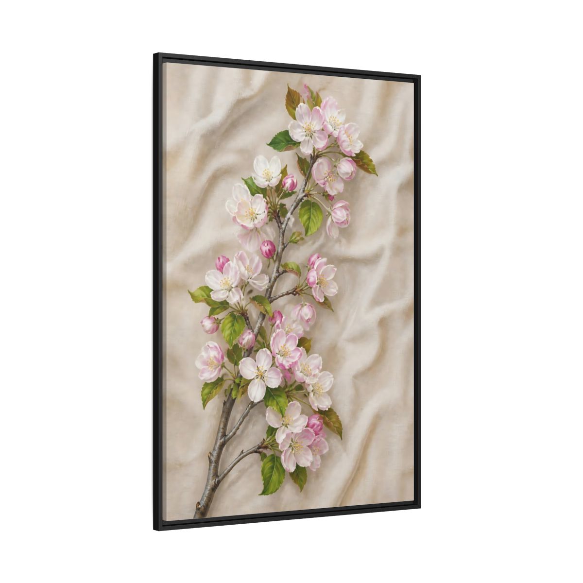 Side Mockup 12. Floral Apple Blossoms Pink And Beige Floral shown as framed canvas print