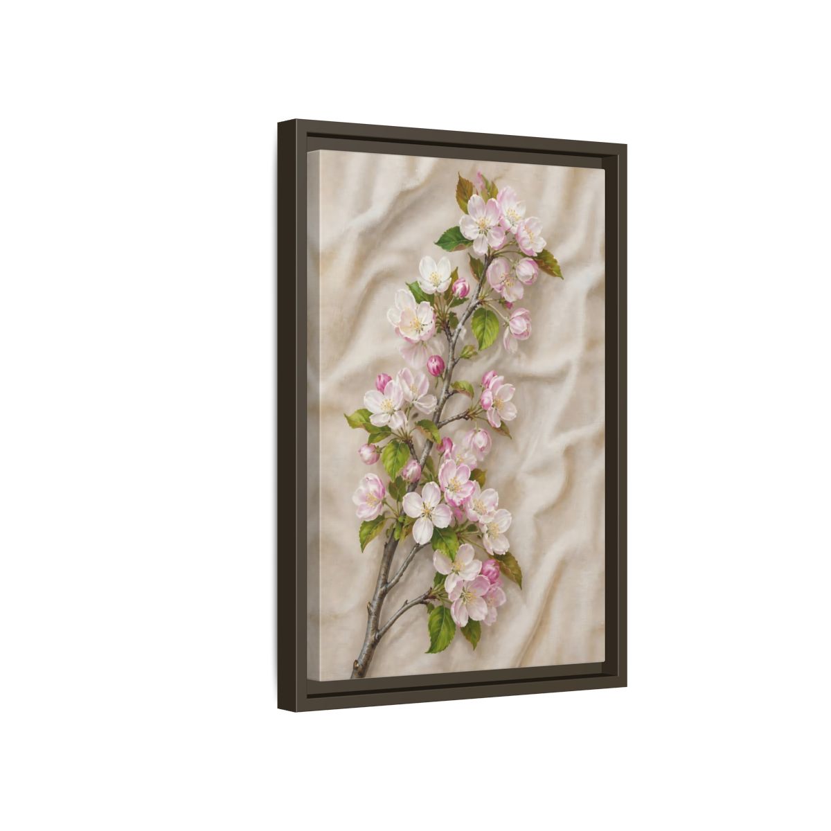 Side Mockup 5. Floral Apple Blossoms Pink And Beige Floral shown as framed canvas print
