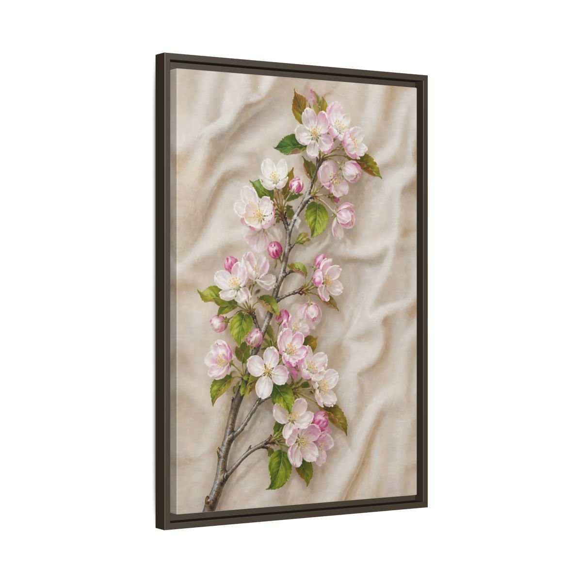 Side Mockup 11. Floral Apple Blossoms Pink And Beige Floral shown as framed canvas print