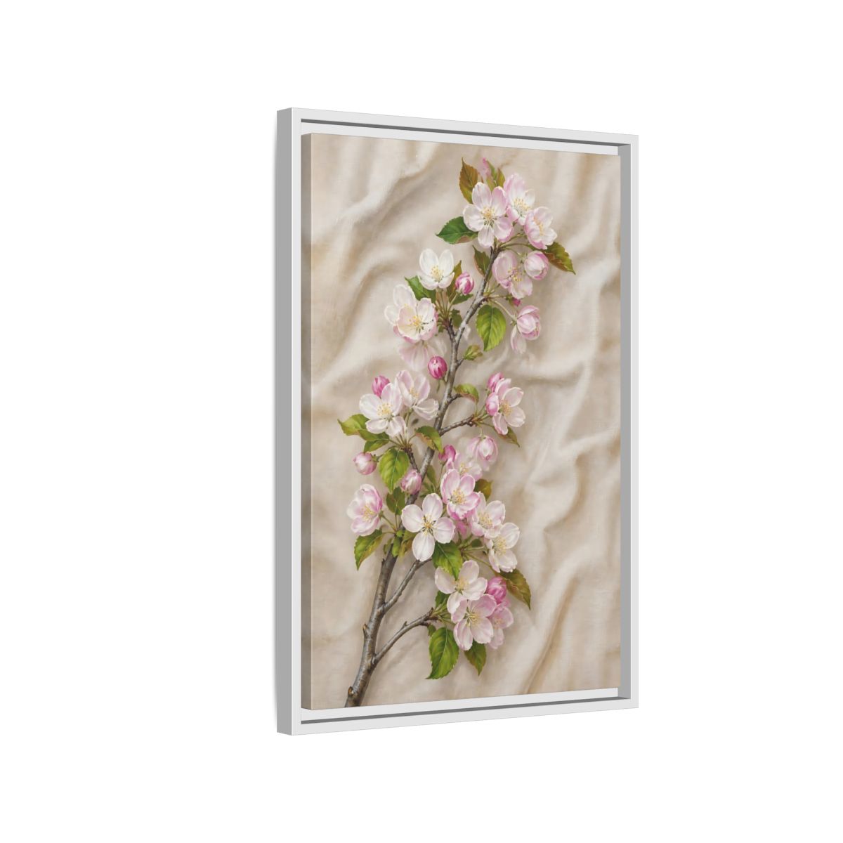 Side Mockup 1. Floral Apple Blossoms Pink And Beige Floral shown as framed canvas print