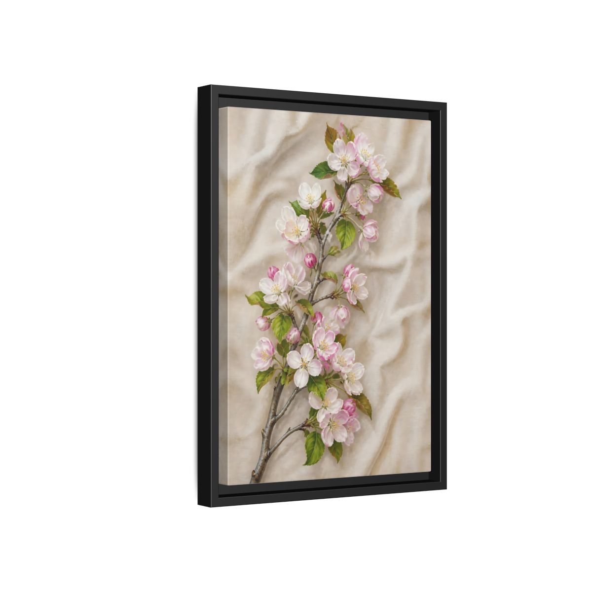 Side Mockup 6. Floral Apple Blossoms Pink And Beige Floral shown as framed canvas print