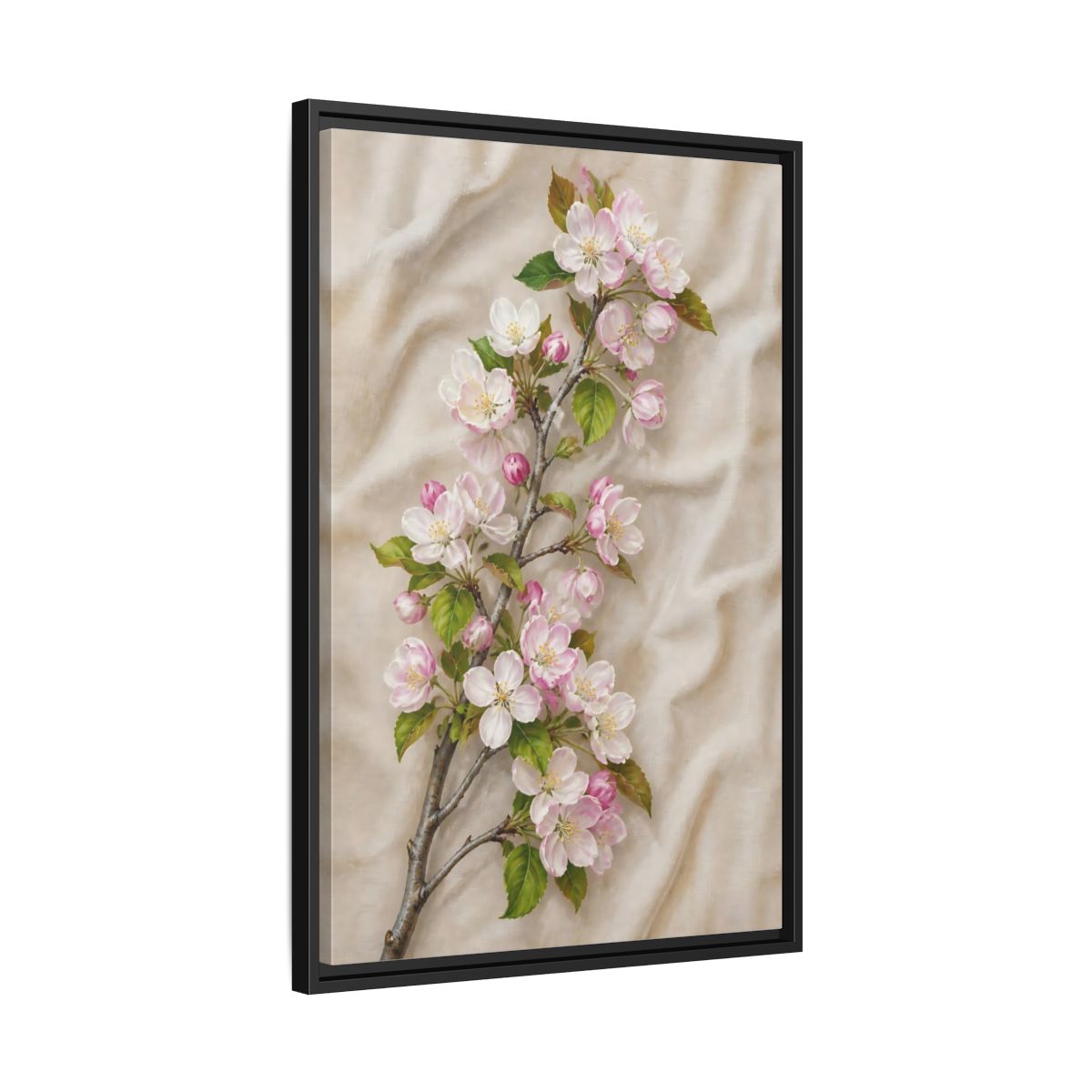 Side Mockup 14. Floral Apple Blossoms Pink And Beige Floral shown as framed canvas print