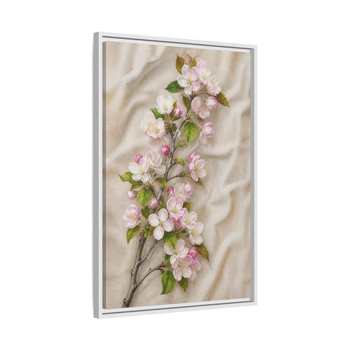 Side Mockup 10. Floral Apple Blossoms Pink And Beige Floral shown as framed canvas print