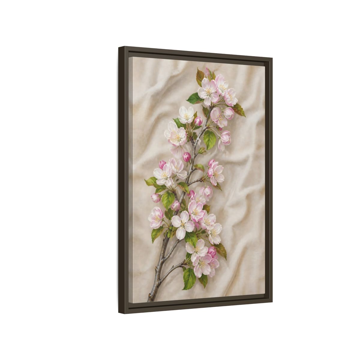 Side Mockup 2. Floral Apple Blossoms Pink And Beige Floral shown as framed canvas print