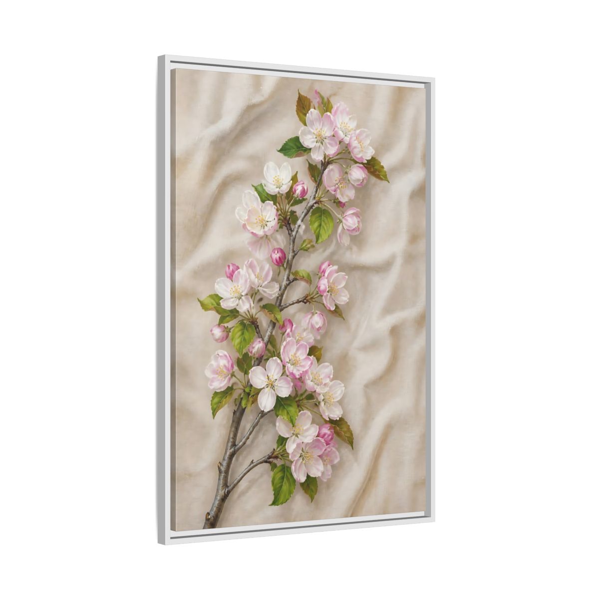 Side Mockup 9. Floral Apple Blossoms Pink And Beige Floral shown as framed canvas print