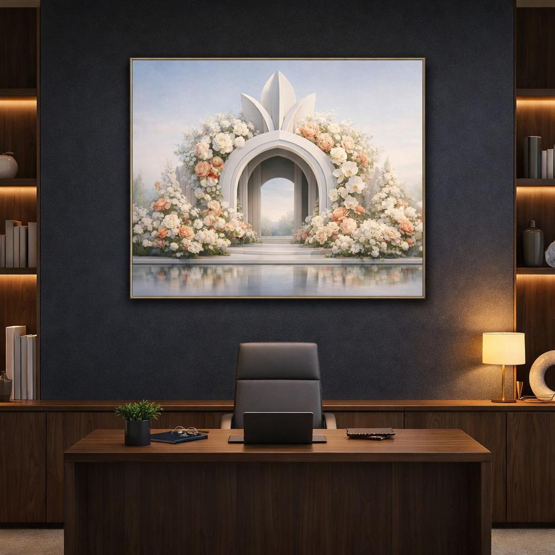 Floral Architecture shown as canvas wall art in a refined dining room