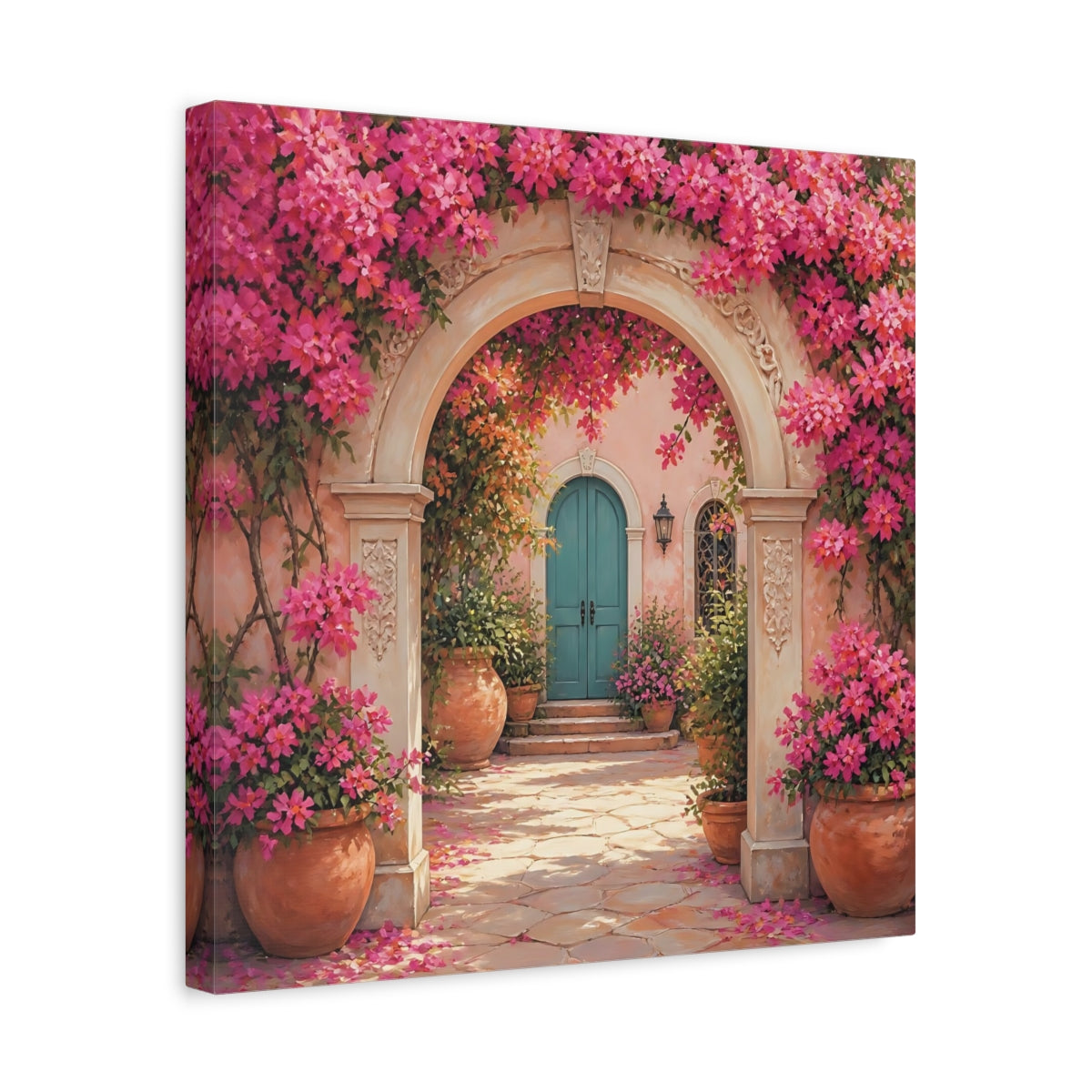 Side Mockup 6. Floral Floral Archway Pink Bougainvillea shown as stretched canvas wall art