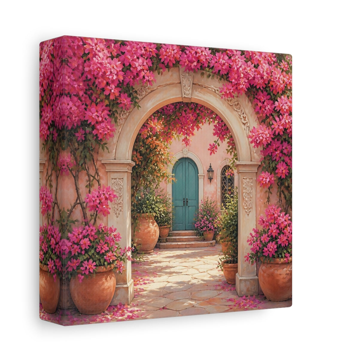 Side Mockup 2. Floral Floral Archway Pink Bougainvillea shown as stretched canvas wall art