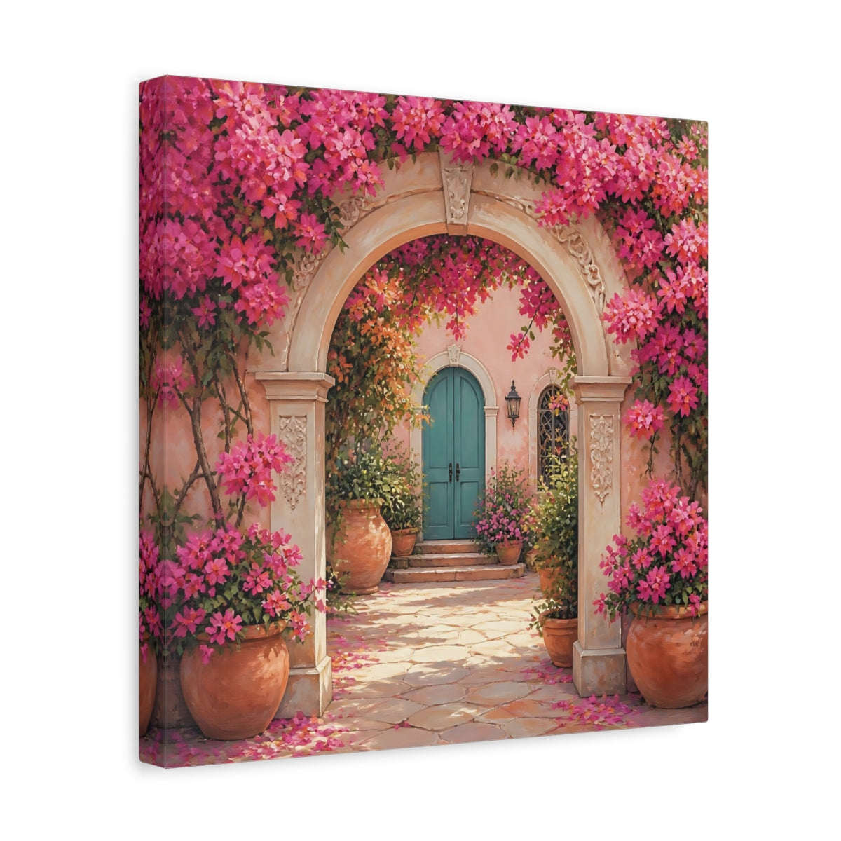 Side Mockup 7. Floral Floral Archway Pink Bougainvillea shown as stretched canvas wall art