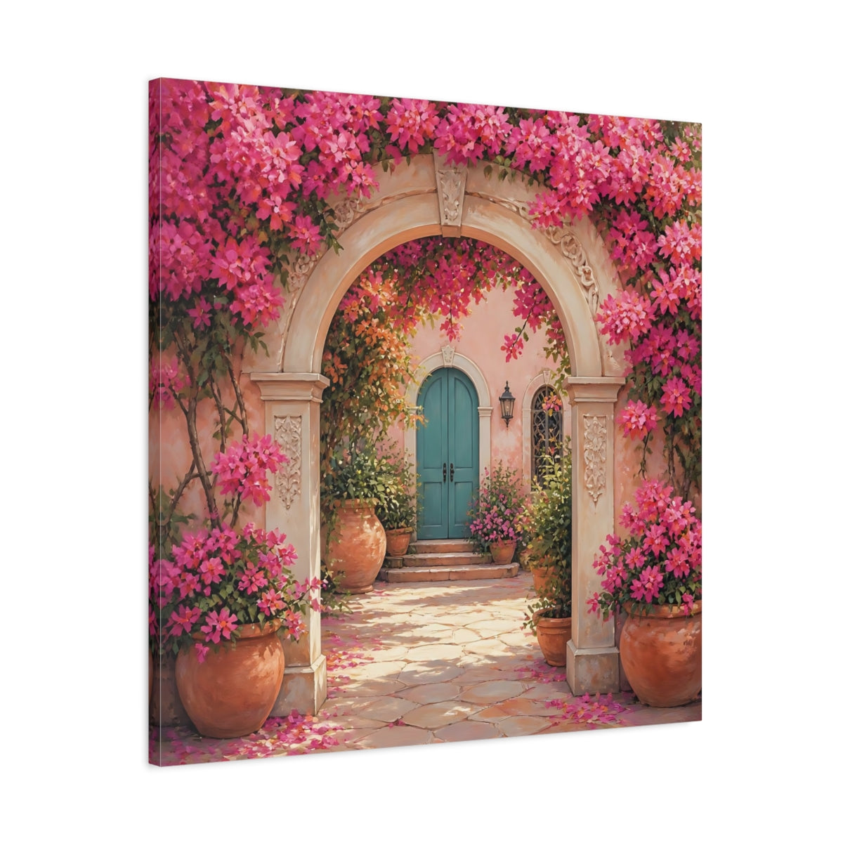 Side Mockup 3. Floral Floral Archway Pink Bougainvillea shown as stretched canvas wall art
