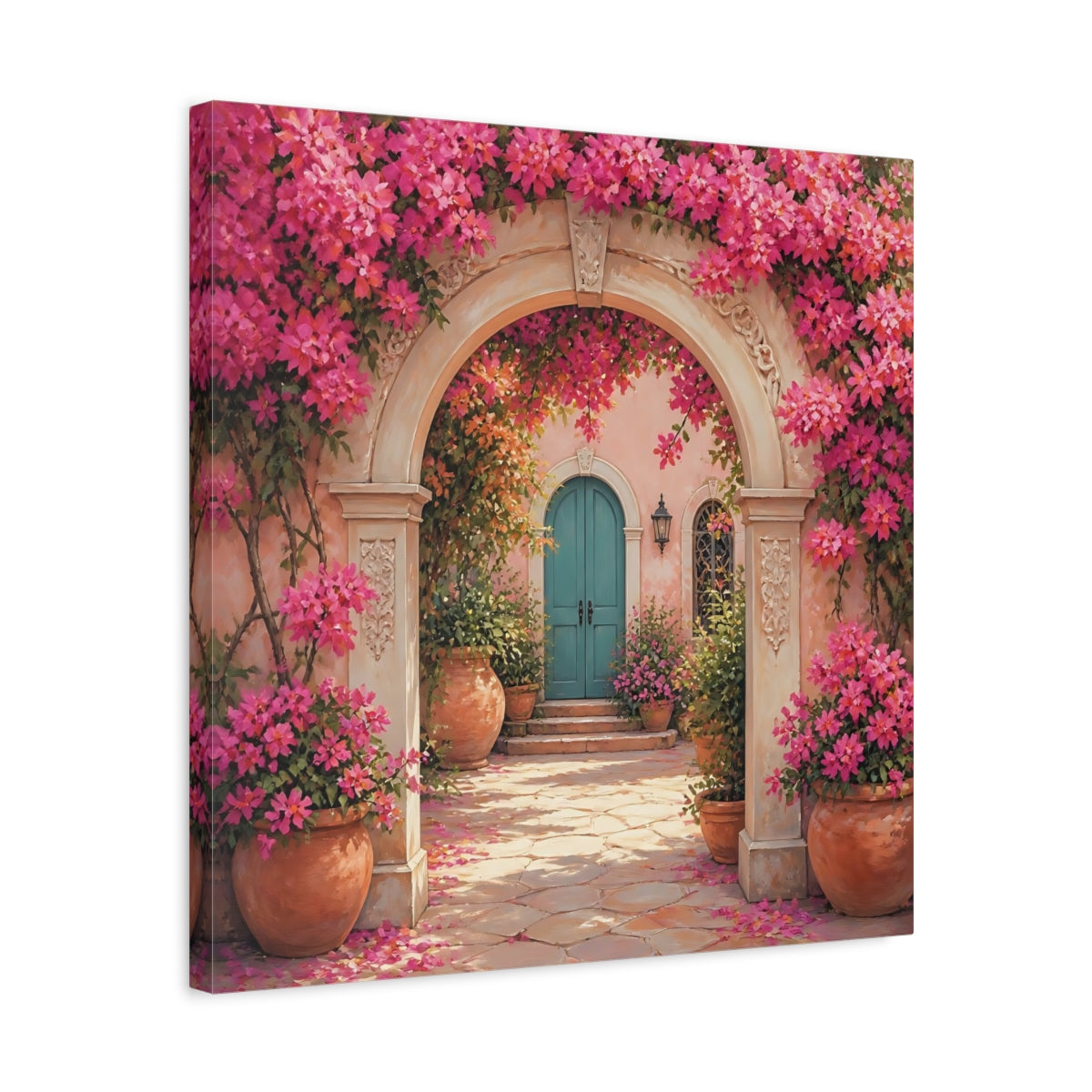 Side Mockup 5. Floral Floral Archway Pink Bougainvillea shown as stretched canvas wall art
