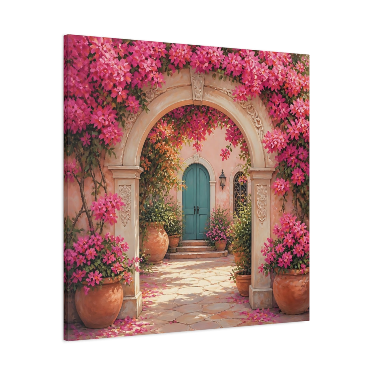 Side Mockup 1. Floral Floral Archway Pink Bougainvillea shown as stretched canvas wall art