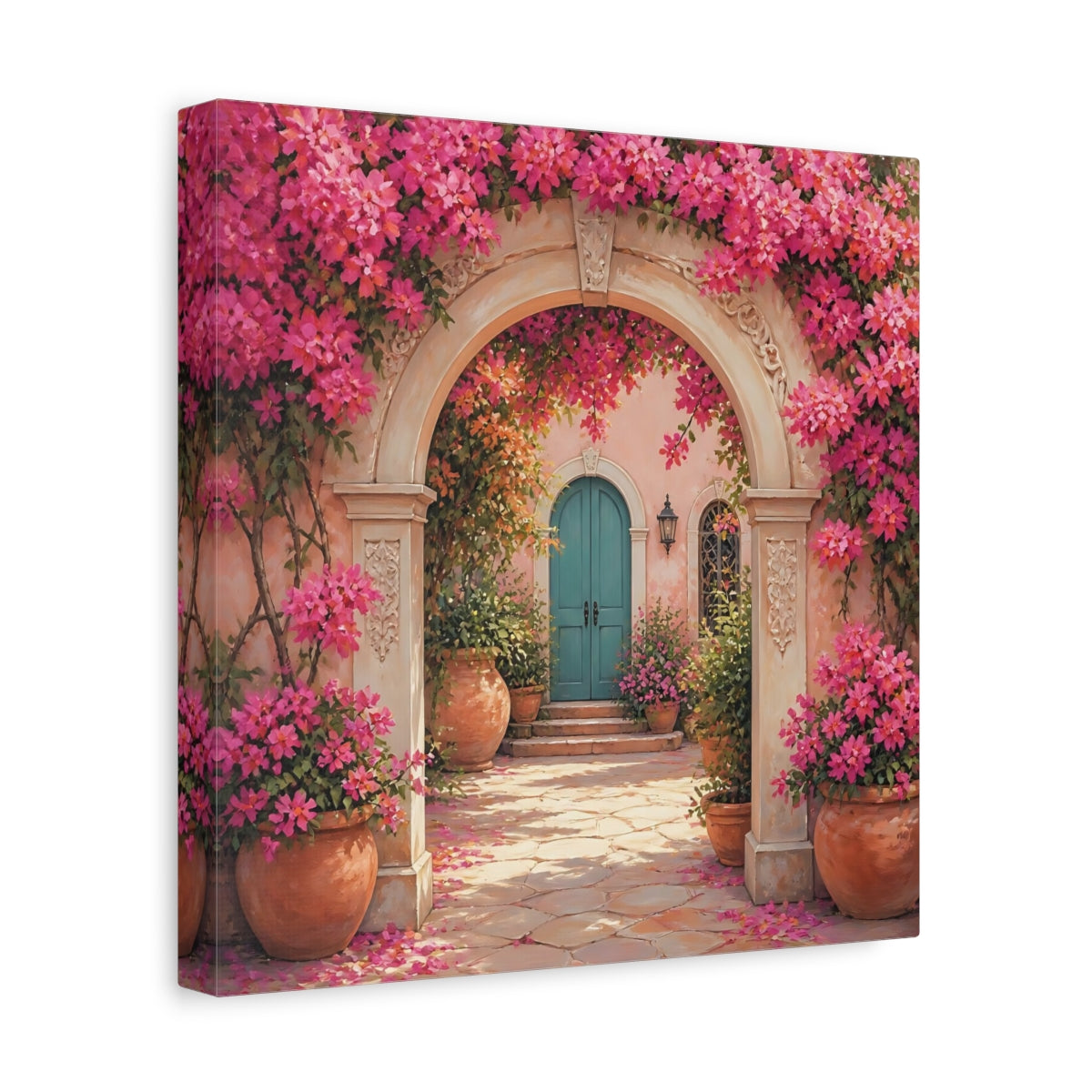 Side Mockup 8. Floral Floral Archway Pink Bougainvillea shown as stretched canvas wall art