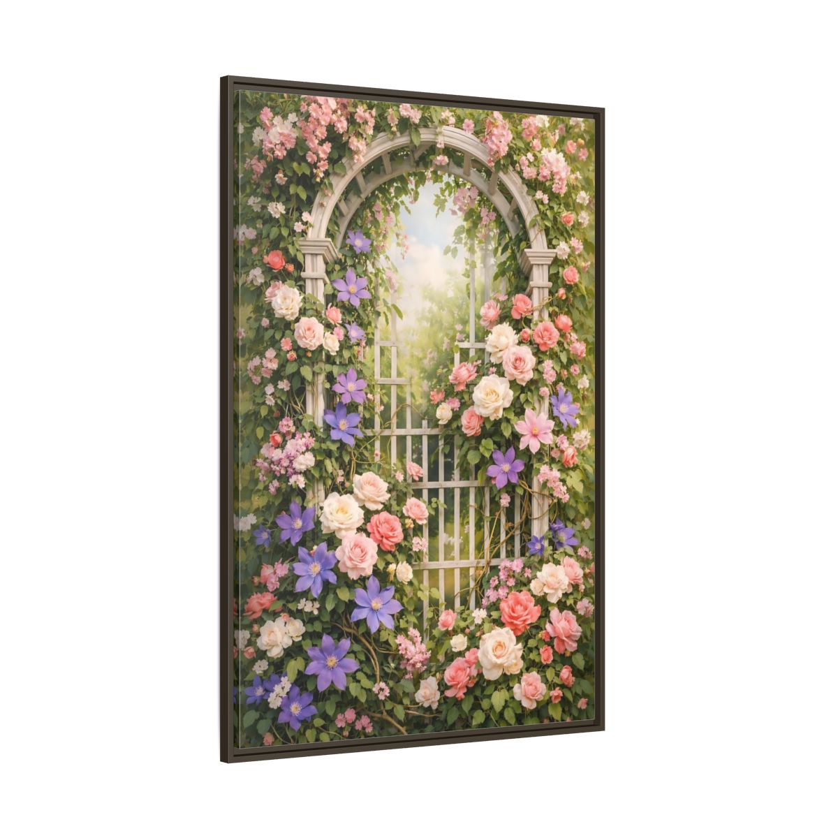 Side Mockup 8. Floral Floral Archway Pink Floral Garden shown as stretched canvas wall art