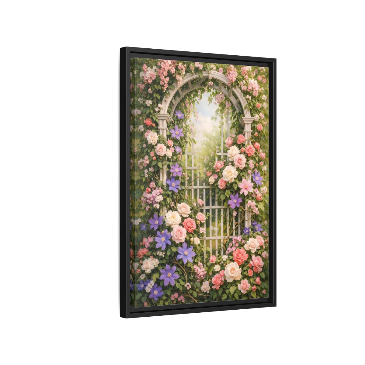 Side Mockup 3. Floral Floral Archway Pink Floral Garden shown as stretched canvas wall art