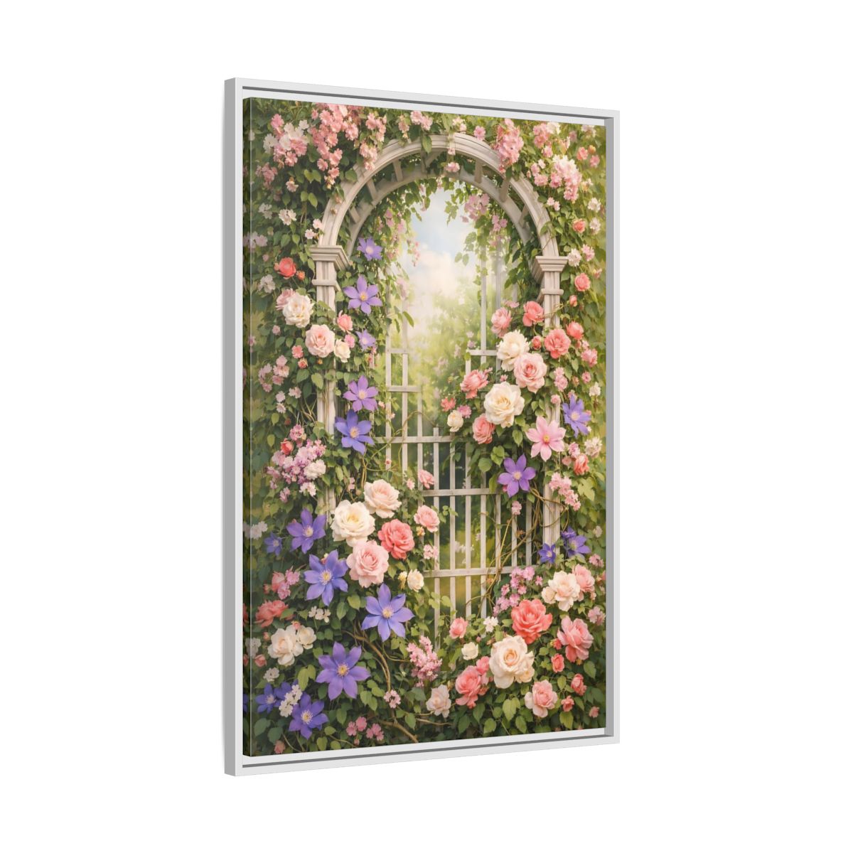 Side Mockup 9. Floral Floral Archway Pink Floral Garden shown as stretched canvas wall art
