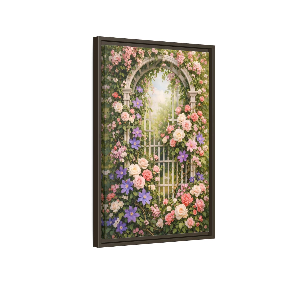 Side Mockup 2. Floral Floral Archway Pink Floral Garden shown as stretched canvas wall art
