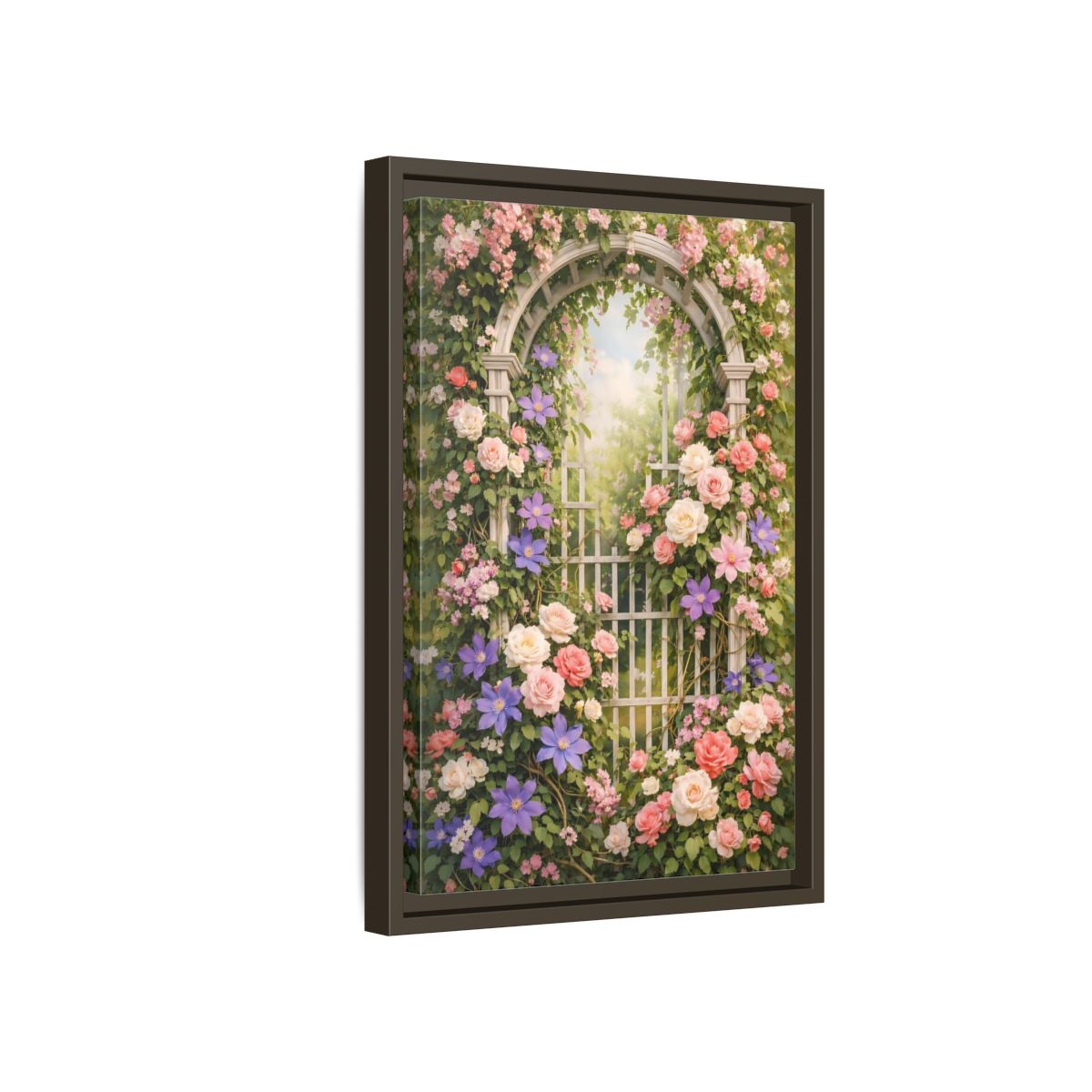 Side Mockup 5. Floral Floral Archway Pink Floral Garden shown as stretched canvas wall art