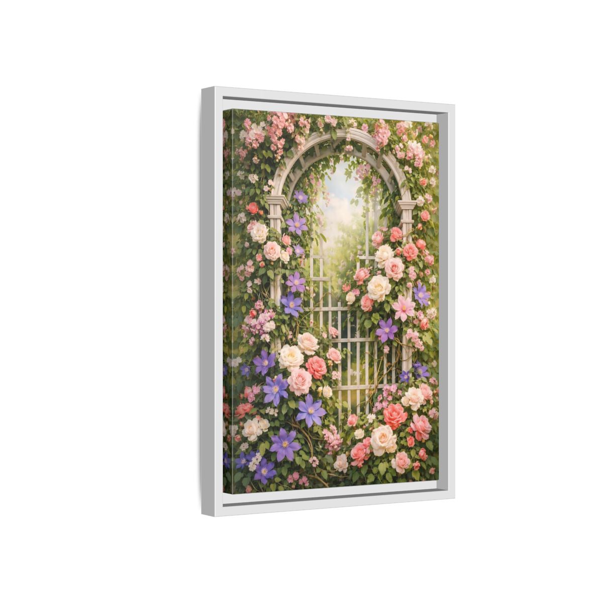Side Mockup 4. Floral Floral Archway Pink Floral Garden shown as stretched canvas wall art