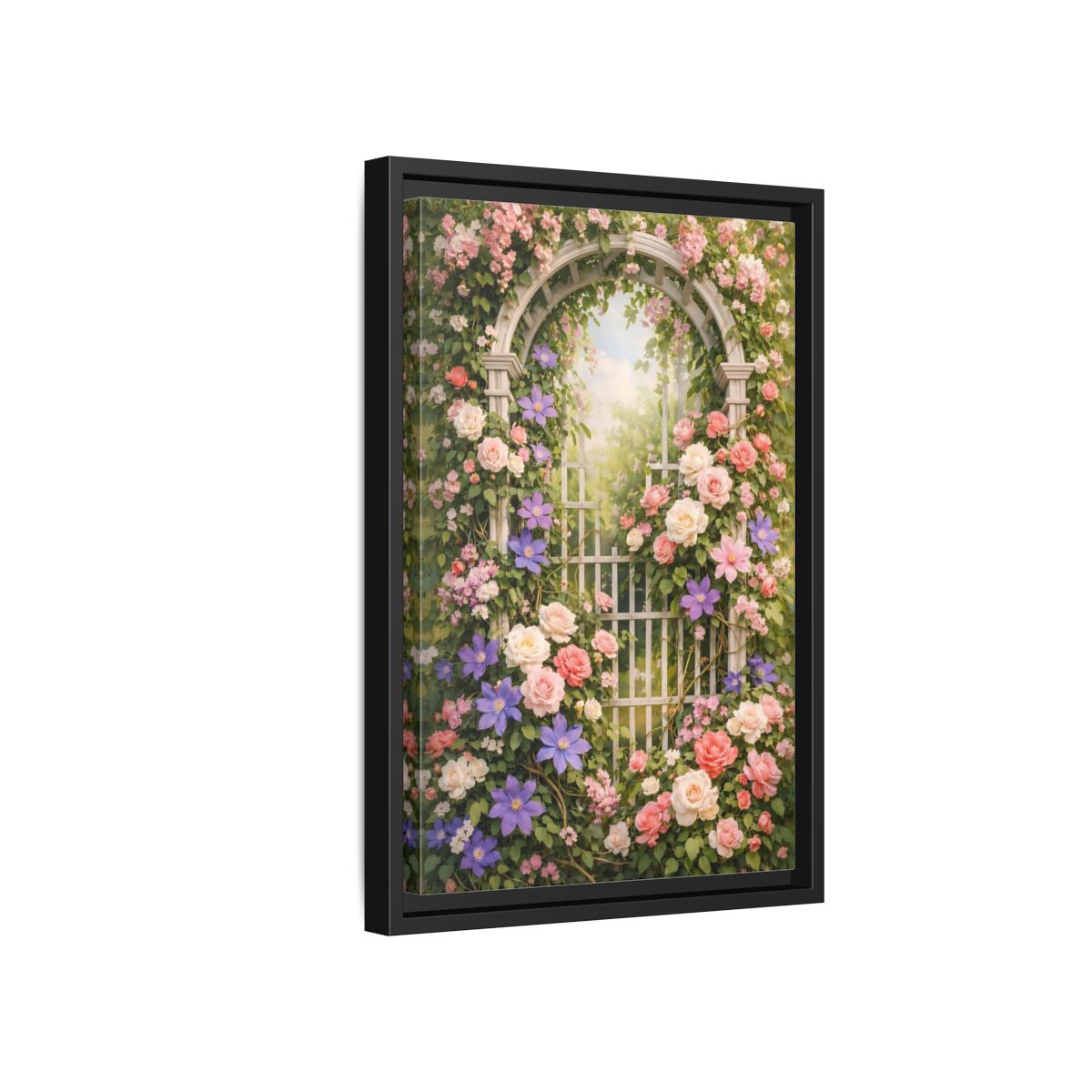 Side Mockup 6. Floral Floral Archway Pink Floral Garden shown as stretched canvas wall art