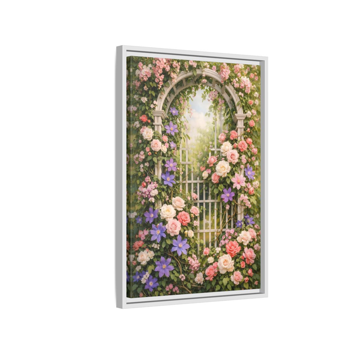 Side Mockup 1. Floral Floral Archway Pink Floral Garden shown as stretched canvas wall art